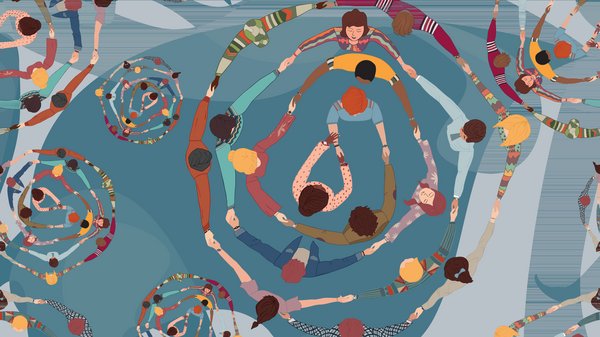 Illustration von Menschen die Hände haltend Kreise bilden