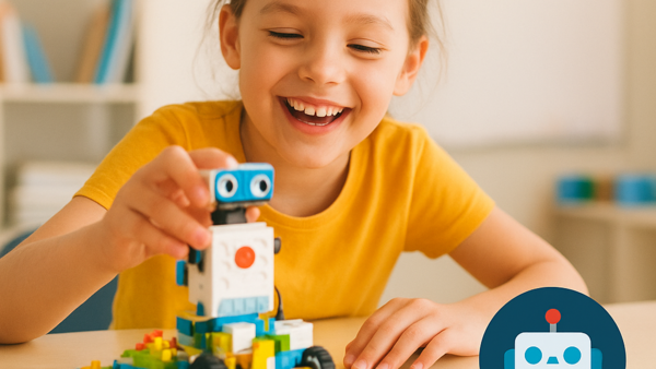 Mädchen spielt mit Roboter