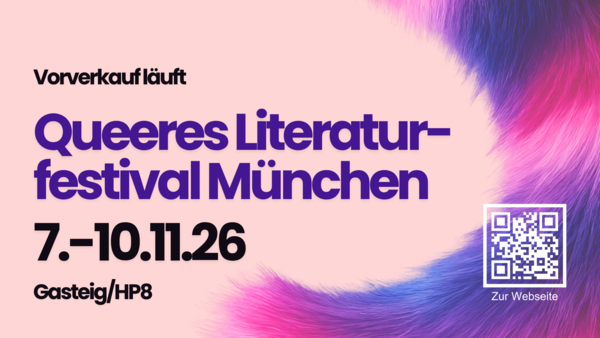 Ankündigungsbanner "Queeres Literaturfestival München 2026"